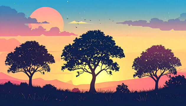 Pixel art sunset landscape with silhouetted trees, rolling hills, and a large glowing sun on a gradient sky