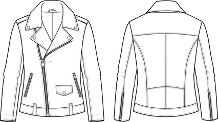 Fashion technical sketch of a women leather biker jacket featuring front and back views with asymmetrical zipper details notched lapels and zippered sleeves © MdAbdur