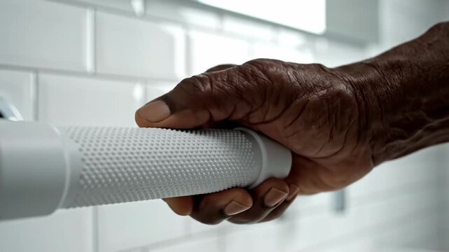 Close-up of hand gripping a grab bar in a bathroom for safety and support