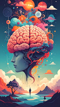 Pixelated human head with a giant brain exploding into colorful abstract elements and nature landscape, symbolizing creativity and imagination