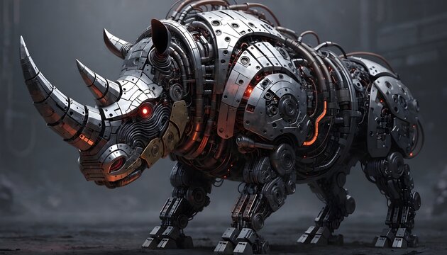Mechanical bull robot with glowing red eyes in dark setting