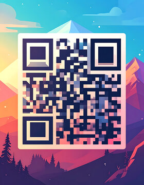 Pixelated QR code floating over a vibrant mountain landscape at sunset, digital connection concept