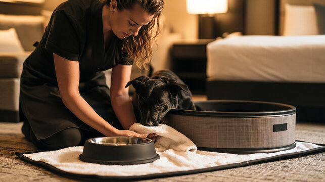 Adult hotel staff preparing pet friendly guest room with washable mat water bowl and secure pet bed highlighting hospitality service