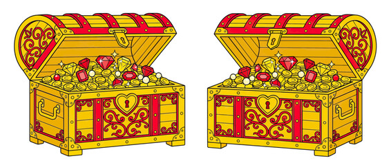 Two Treasure Chests Overflowing with Gold Coins and Jewels © Lilis