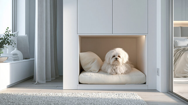 Modern compact city apartment with built in pet corner and cozy dog sleeping nook highlighting pet friendly urban living and small space design