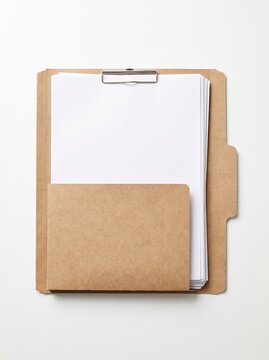 Clipboard with blank white paper and manila folder on white background