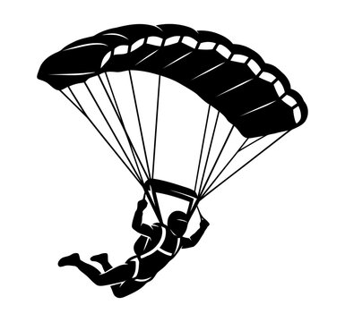 Parachutist Silhouette Vector Illustration &ndash; Skydiver with Parachute Canopy, Extreme Air Sports Adventure Icon Isolated on White Background