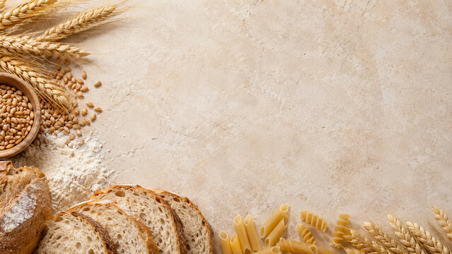 Wheat Flour Bread Pasta and Golden Grain Border Background with Copy Space