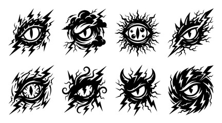 Halloween monster eye silhouettes. Scary creature eyes with lightning and dark magic effects. © MDSHOFIULAZAM