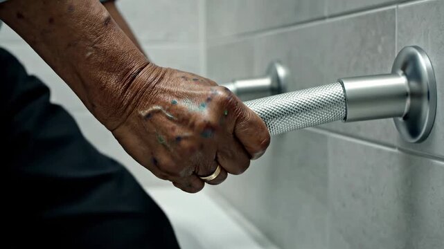 Hand gripping a bathroom grab bar in a home setting during daily activities