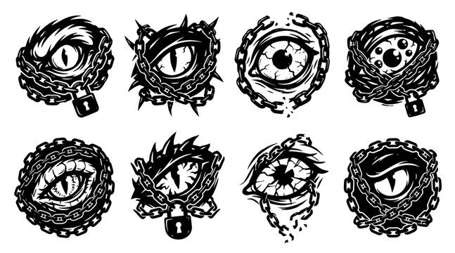 Halloween monster eye silhouettes with chains. Scary creature eyes for horror design.