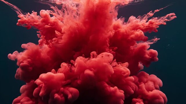 Underwater color mixing with red cloud formation in deep ocean