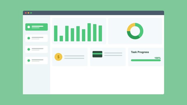 sales dashboard in a browser window with a bar chart, donut chart and stat cards, green color scheme