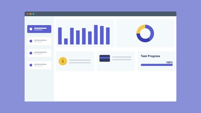 sales dashboard in a browser window with a bar chart, donut chart and stat cards, indigo color scheme