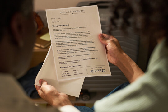 Teenager holding college acceptance letter, reading university admission result at home and celebrating academic milestone. Ideal for higher education marketing, enrollment campaigns