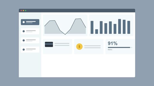 report dashboard in a browser window with an area chart, bar chart and stat cards, slate gray color scheme