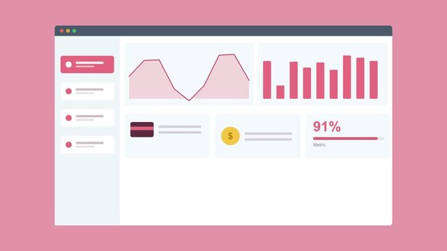 report dashboard in a browser window with an area chart, bar chart and stat cards, rose pink color scheme