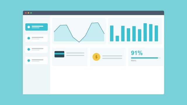 report dashboard in a browser window with an area chart, bar chart and stat cards, aqua color scheme