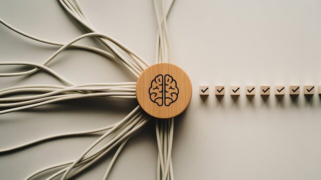 Brainstorming and creative thinking concept with wooden brain and connected checkmark blocks on grey background, for innovation and strategy