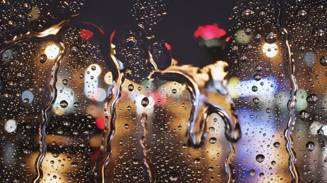 Raindrops on a window at night with city lights in the background
