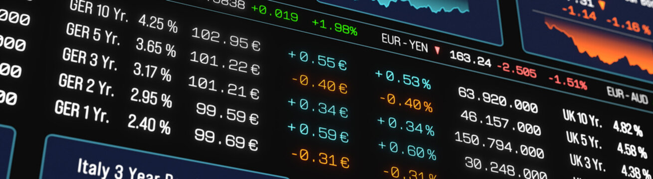 Bond market trading screen, government bond interest rates, charts, prices, stock market theme. Financial market, yield, debt financing, treasury bond, coupon, credit score, market data.