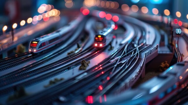 Model train layout night scene