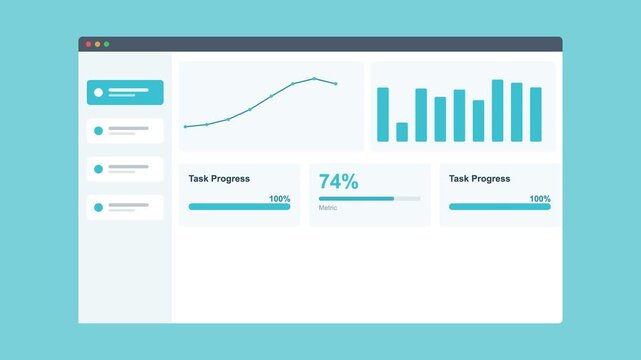 project management dashboard in a browser window with charts and progress bars, aqua color scheme