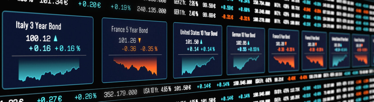 Global bond market trading screen, government bond interest rates, charts, prices, stock market theme. Financial market, yield, debt financing, treasury bond, coupon, credit score, market data.