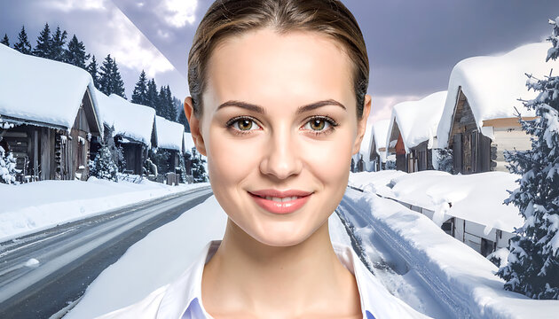 Portrait of a woman smiling, superimposed on a snowy village scene, winter landscape