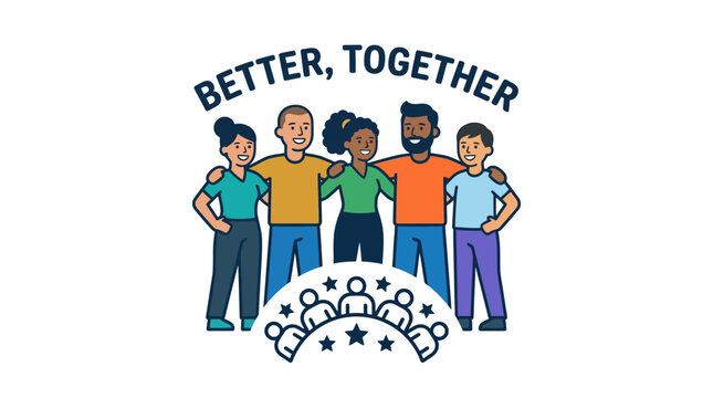 Diverse people smiling, arms around each other, with "Better, Together" text and star graphic.