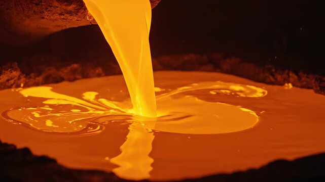 Molten metal pours into a mold at a foundry in a manufacturing process