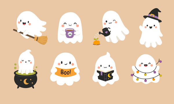 Cute Halloween Ghost Characters in Different Activities Vector Set