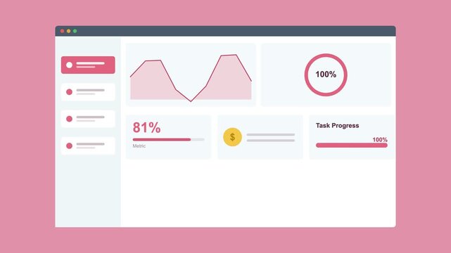 marketing dashboard in a browser window with an area chart, progress ring and stat cards, rose pink color scheme