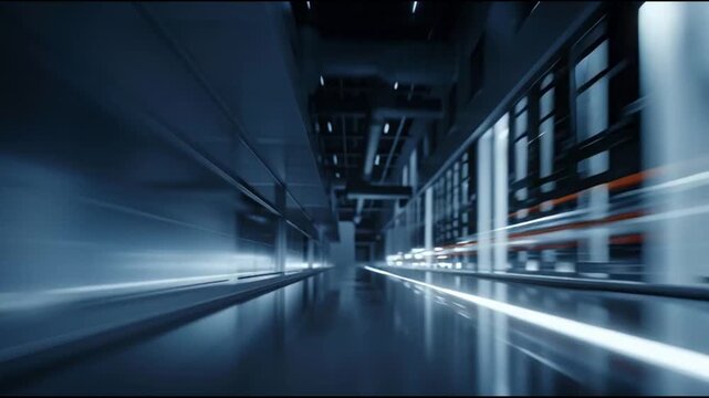 Fast motion through a futuristic data center corridor