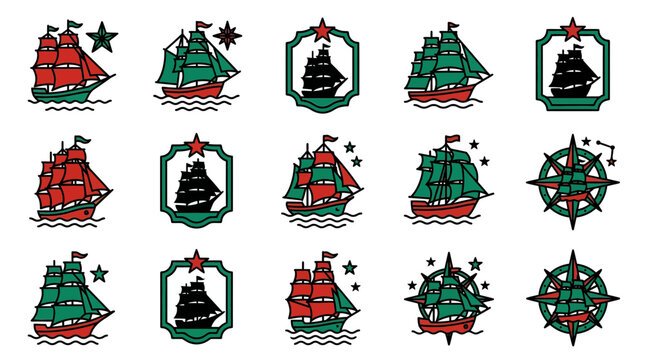 Vintage sailing ship and nautical compass tattoo design set.
