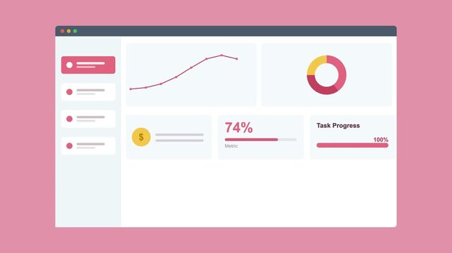 finance dashboard in a browser window with a line chart, donut chart and stat cards, rose pink color scheme