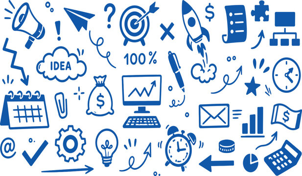 Blue Business Doodle Illustration Set featuring Startup Icons, Marketing Tools, Financial Success Symbols, and Productivity Elements in a Hand-Drawn Sketch Vector Style for Design.