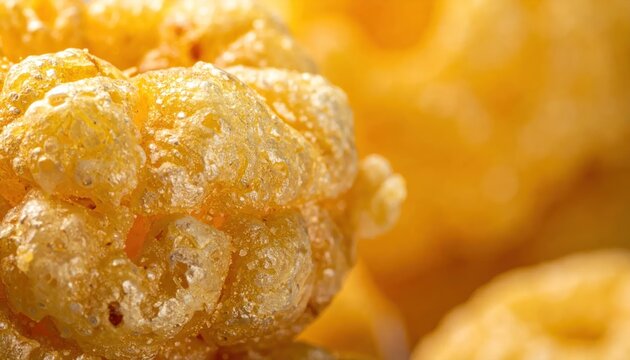 Extreme close-up of crispy golden fried pork rinds.