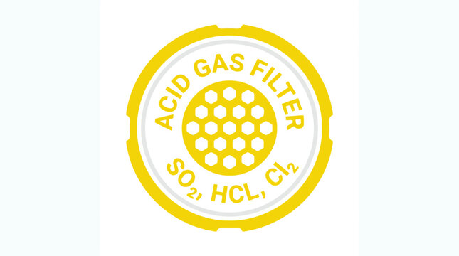Yellow Acid Gas Filter Icon with SO2, HCL, Cl2 Symbols on White Background