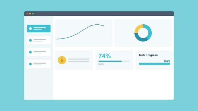 finance dashboard in a browser window with a line chart, donut chart and stat cards, aqua color scheme