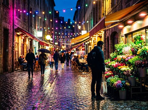 Man with tote bag choosing bouquets at street flower shop on rainy evening, colorful string lights reflecting on wet cobblestone road in old European town.