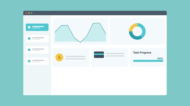 ecommerce dashboard in a browser window with an area chart, donut chart and stat cards, teal color scheme