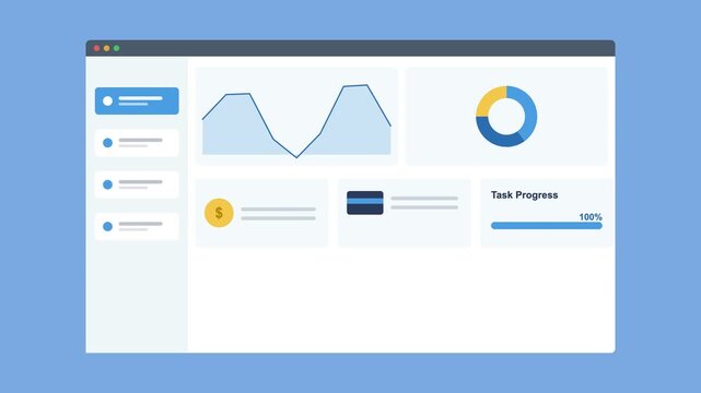 ecommerce dashboard in a browser window with an area chart, donut chart and stat cards, blue color scheme