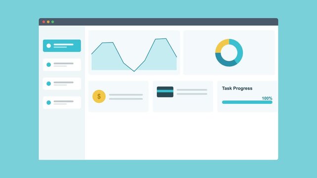 ecommerce dashboard in a browser window with an area chart, donut chart and stat cards, aqua color scheme