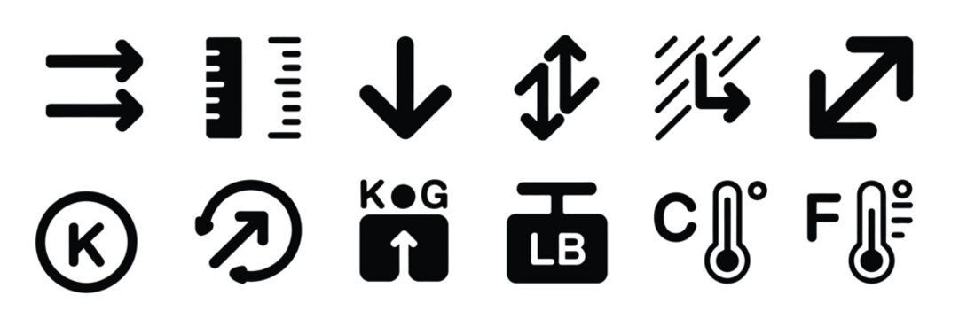 Measurement tool icon set with ruler, tape measure, caliper, scale, and dimension symbols for construction and architecture