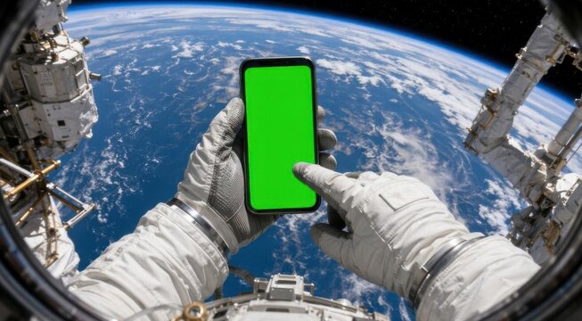 Astronaut man in space suit holding smartphone with green screen. Earth view from international space station. Concept of futuristic mobile communication and technology in outer space exploration.