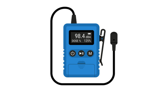 Blue digital dosimeter with wired sensor, displaying radiation levels and dose.