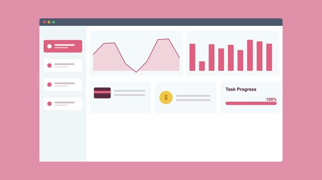 analytics dashboard in a browser window with an area chart, bar chart and stat cards, rose pink color scheme