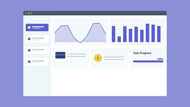analytics dashboard in a browser window with an area chart, bar chart and stat cards, indigo color scheme