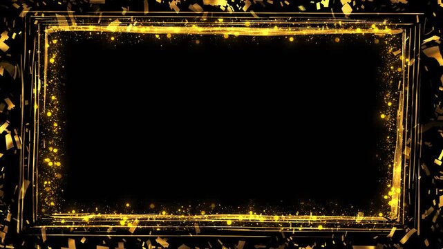 Golden confetti frame background bright particles, black copy space, sparkling borders, luxury celebration energy. award gala titles, event invites, ceremony screens, festive promos, elegant overlays.